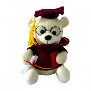 Ursulet de plus Graduate Teddy, cu toca si diploma de absolvire, Inaltime 25 cm, Alb cu visiniu