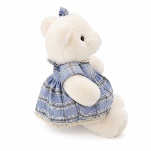 Ursulet de plus premium, fetita cu rochita in carouri bleu, inaltime 35 cm - Img 4