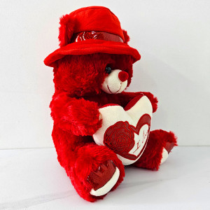 Ursulet de plus Pudding, palarie cu bentita satinata si inimioara cu trandafir imprimat "I Love You", inaltime 30 cm, Rosu 3