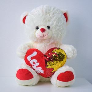 Ursulet de plus Twinkle, cu inimioara cu paiete, in doua culori, inaltime 37 cm, Alb - Rosu
