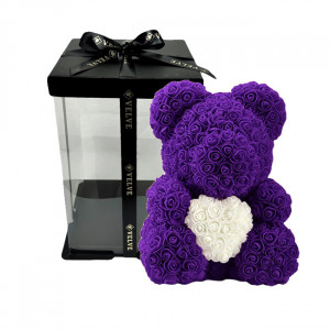 Ursulet floral 30 cm, cu LED-uri luminoase, trandafiri spuma cu inima alba, in cutie cadou, Mov - Img 2