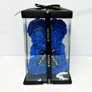 Ursulet floral cu trandafiri din spuma, 25 cm, decorat manual, cutie cadou, Albastru - Img 2