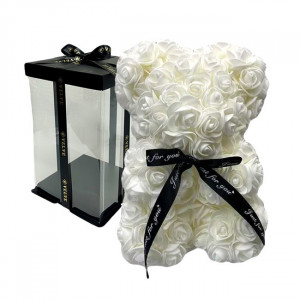 Ursulet floral alb din Trandafiri 25 cm, decorat manual, cutie cadou1
