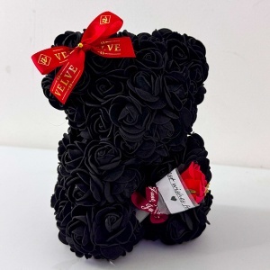 Ursulet floral cu trandafiri din spuma si buchet decorat manual, cu mesaj, Negru, 20 cm - Img 2