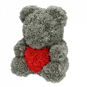 Ursulet floral din trandafiri de sapun Teddy Bear in Love in cutie cadou, 40 cm, gri