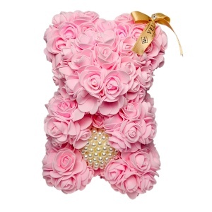 Ursulet floral roz din trandafiri din spuma cu inimioara din perle 25 cm, decorat manual, in cutie cadou - Img 7