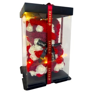 Ursulet floral Triple Color din trandafiri spuma cu LED, 25 cm, in cutie cadou premium
