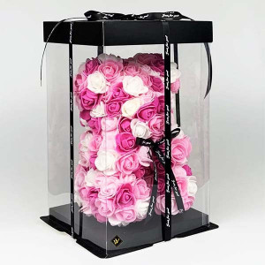 Ursulet Floral Triple color din Trandafiri spuma in cutie cadou, 25 cm, roz-roz pal-alb