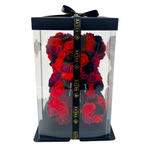 Ursulet floral Triple Color din trandafiri spuma, rosu negru, 25 cm, in cutie cadou premium