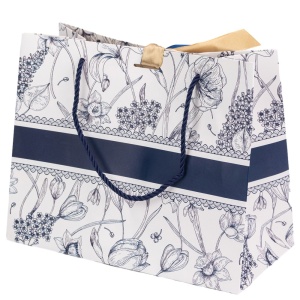 Ambalaj pentru cadouri, imprimat floral, de tip punga, cu snur si panglica satinata, Albastru, 25 x 12 x 20 cm