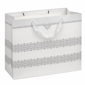 Ambalaj pentru cadouri, punga mare cu model ornamental argintiu si manere din panglica, 50 x 40 x 15 cm, Alb