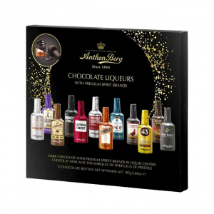 Aranjament absolvire 2026, Praline Anthon Berg 187gr si cutie neagra in forma de toca cu dulciuri, selectie de mini bauturi, brum si frunza de palmier - Img 4