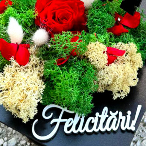 Aranjament floral Ceremony, tip toca, cu licheni stabilizati si flori criogenate, Verde/Negru