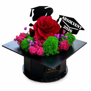 Aranjament floral absolvire 2026 Ceremony, tip toca, cu licheni criogenati stabilizati, lagurus criogenat, Bordo, 15x15 cm