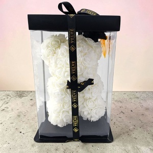 Aranjament floral absolvire 2026 Graduate, urs floral din trandafiri de spuma 25 cm cu toca, Alb - Img 2