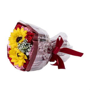 Aranjament Floral Buchet din trandafiri de sapun si floarea soarelui, rosu - Img 3