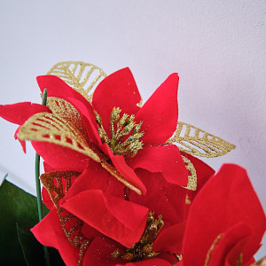 Aranjament floral cu Craciunita Artizanala in ghiveci, Rosu - Auriu 29cm