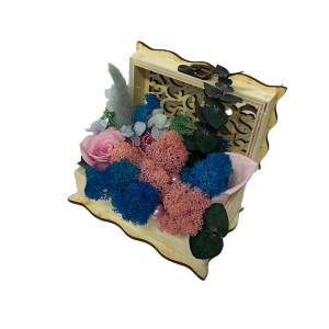 Aranjament floral cu trandafir criogenat, in cutiuta tip cufar, roz pal, 13 x 7,5 cm