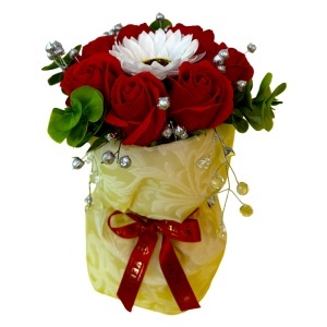 Aranjament floral din săpun cu trandafiri și floare tip margaretă – cadou elegant cu accente argintii - Img 3