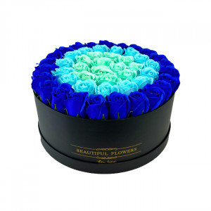 Aranjament floral Divine, in cutie rotunda neagra cu 49 trandafiri de sapun
