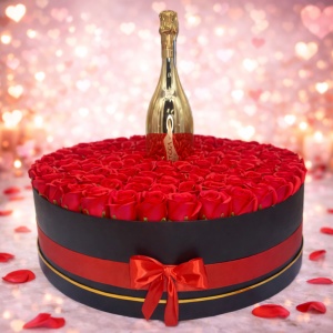 Aranjament floral Eternal Love, cutie rotunda cu 135 trandafiri de sapun, Prosecco Bottega Gold
