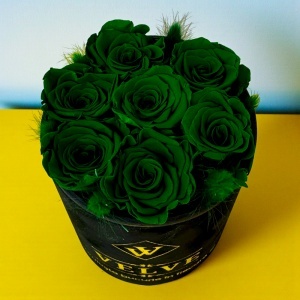 Aranjament floral Eternal Rose cu trandafiri criogenați și lagurus în cutie rotundă, Verde - Img 4