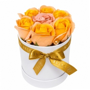 Aranjament floral Glamour Double Color cu 7 trandafiri de sapun bicolor, in cutie rotunda, 16x11 cm, Portocaliu-Roz