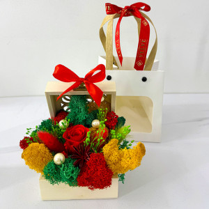Aranjament floral Goodliness in punga cadou, cu trandafir criogenat, lagurus natural, licheni stabilizati, perle si broom, in cufar din lemn, cu funda, Rosu 1