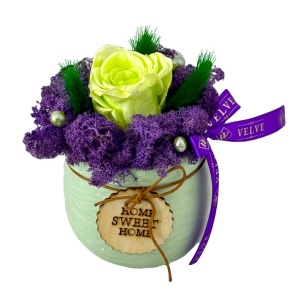 Aranjament floral Home cu trandafir criogenat galben, lagurus si licheni stabilizati in vas ceramic