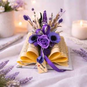 Aranjament floral in forma de carte cu trandafir din sapun mov, flori si plante uscate, 20x15 cm