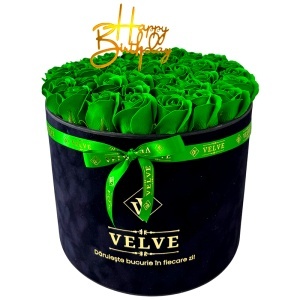 Aranjament Floral Majestic Green, cu trandafiri din sapun, in cutie neagra de catifea, cu mesaj "Happy Birthday"