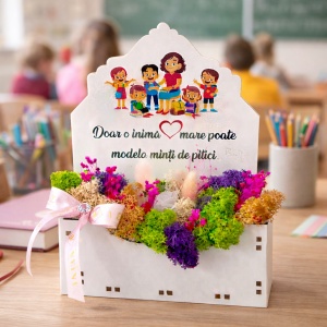 Aranjament floral pentru Educatoare si Invatatoare, cu lagurus si trandafir roz criogenat, licheni stabilizati, in cutiuta decorativa, cu mesaj special - Img 2