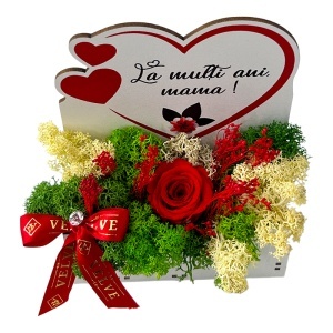 Aranjament floral pentru Mama cu trandafir rosu criogenat, licheni stabilizati si funda satinata, in cutiuta decorativa - Img 4