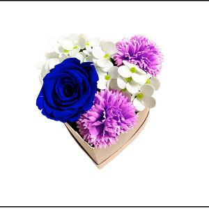 Aranjament Floral Pixie Pink cutie inima cu trandafir criogenat, cu decor de hortensii si garoafe de sapun Albastru