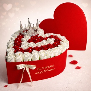 Aranjament floral Royal Heart cutie inima cu 59 trandafiri de sapun si coroana decorativa cu perle si detalii stralucitoare