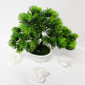 Bonsai decorativ artificial, colorat, in ghiveci miniatural, Pin Desire, Verde, Inaltime 25 cm2