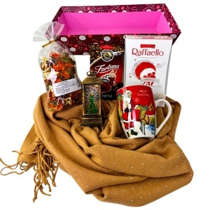 Boo Basket Family, cana si felinar cu tematica de Craciun, praline Raffaello, flori uscate parfumate, cafea Fortuna si esarfa dama Cashmere Sparkle