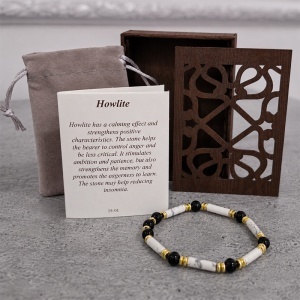 Bratara terapeutica din pietre naturale Howlite, pentru calmare si reducerea insomniei, cu saculet catifea si cutie din lemn sculptat - Img 7