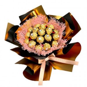 Buchet cadou Delice, cu pancarta si text "La Multi Ani!", 19 praline Ferrero și broom natural criogenat