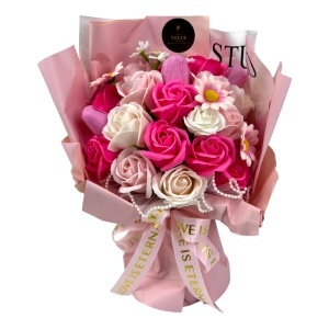 Buchet floral Eternal din flori artizanale, trandafiri si lalele de sapun, 22x30 cm, Roz pastel - Img 6