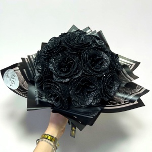 Buchet floral Glitter Black Roses cu 17 trandafiri decorativi negri premium, 40 cm - Img 5