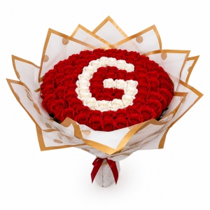 Buchet floral personalizat cu litera din 65 trandafiri de sapun, Rosu- Alb, 50x40 cm - Img 7
