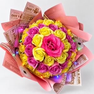 Buchet floral Royal cu trandafiri de sapun si sclipici, inaltime 45cm, LED inclus, Roz-Galben - Img 2