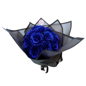 Buchet Glitter Roses cu 19 trandafiri albastri decorativi, buchet premium ambalat elegant, 40 cm - Img 4