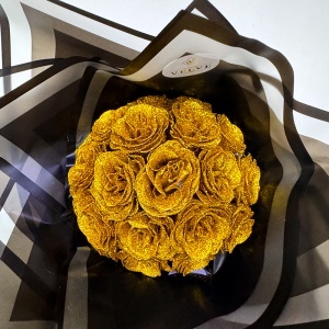 Buchet Glitter Roses cu 19 trandafiri aurii decorativi, buchet premium elegant, 40 cm - Img 2