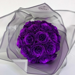 Buchet Glitter Roses cu 19 trandafiri mov decorativi, buchet premium ambalat elegant, 40 cm