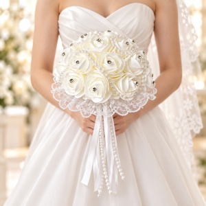 Buchet mireasa elegant Royal Pearl cu trandafiri albi, perle, strasuri si dantela, 26 x 20 cm