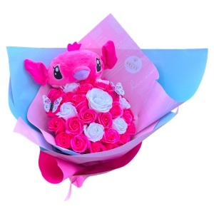 Buchet premium Stitch cu 35 trandafiri de sapun si fluturasi, Roz-Alb - Img 5