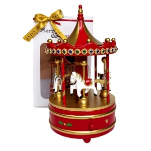Carusel muzical decorativ cu caluti si cristale colorate, design rosu si auriu, 23 x 13 cm