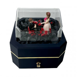 Caseta Memories, cu sertar, LED, flori criogenate si figurine, in tematica Merry Me!, albastru